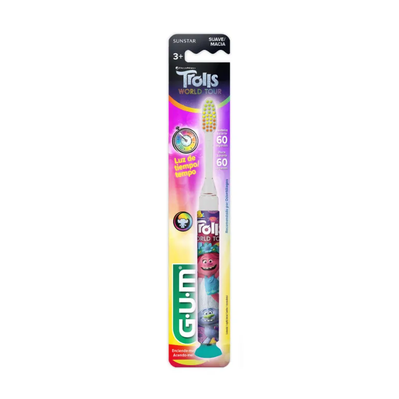 GUM CEPILLO DENTAL TROLLS SUAVE CON LUCES x 1 unidad